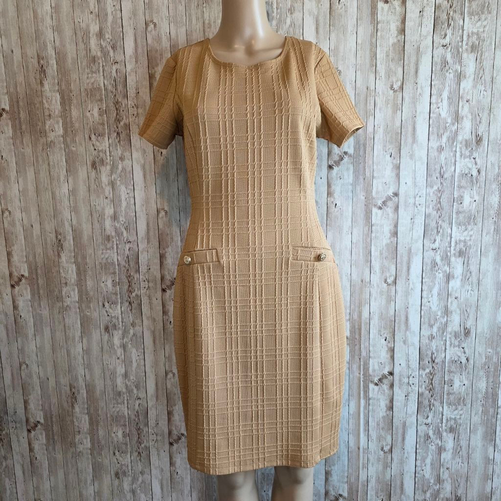 Classic Beige Textured Knit Sheath Dress - Women